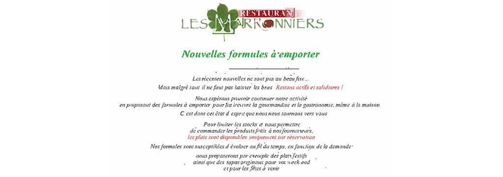 Le restaurant les Marronniers à Lamalou propose livraison et vente à emporter. Le restaurant les Marronniers à Lamalou propose livraison et vente à emporter.