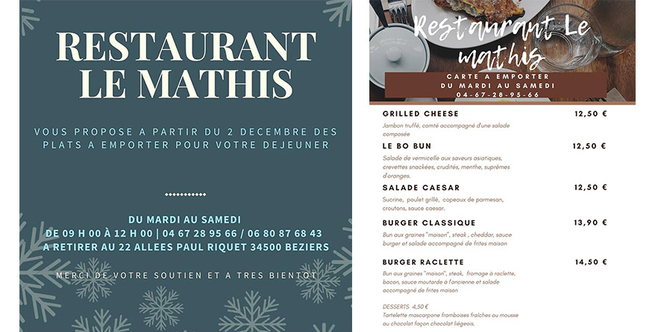 Restaurant Le Mathi’s à Béziers lance la vente à emporter 